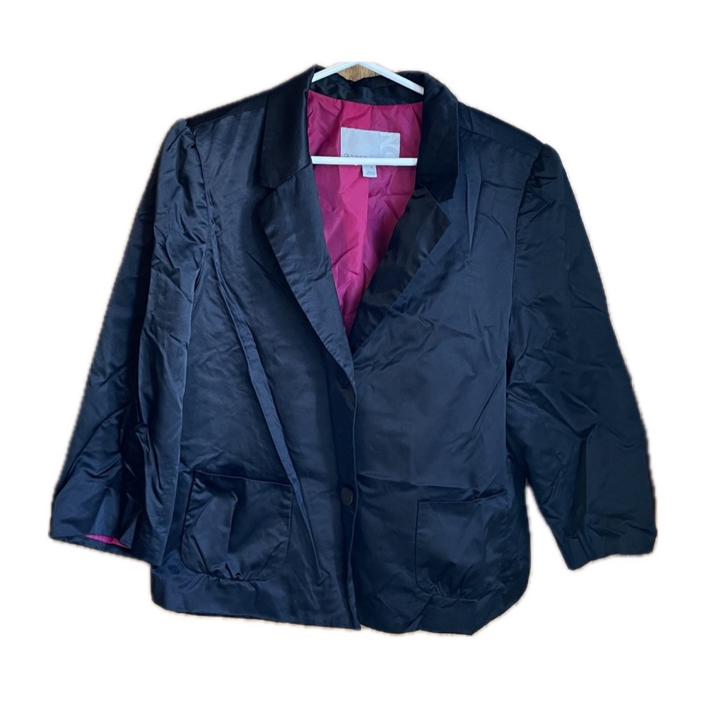Old Navy Cropped 3/4 sleeve lined blazer, black satin (hot pink lining), size XL